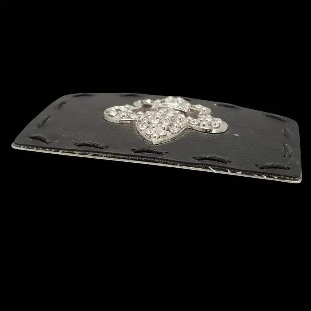 Vintage Belt Buckle Black Leather‎ Metal Back Fleur De Lis Goth Unisex